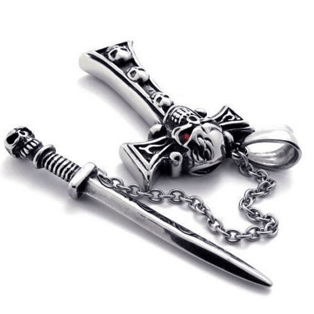 Laki-laki Stainless Steel Kepala Hantu Rantai Sepeda Salib Liontin Kalung