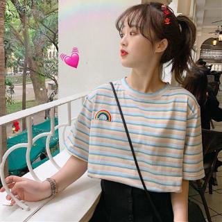 Áo Thun Nữ Tay Ngắn Cổ Tròn Kẻ Sọc Cầu Vồng