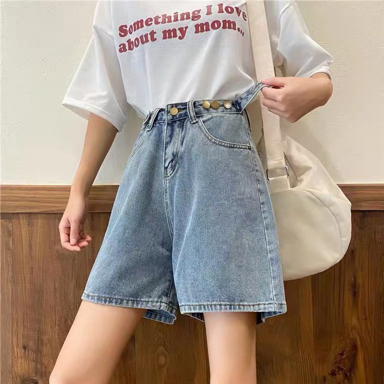 Quần Short Jean Nữ Nút Hông quần ngố bò xuông quan sooc đùi jeans nữ dày dặn không dãn-MINXY