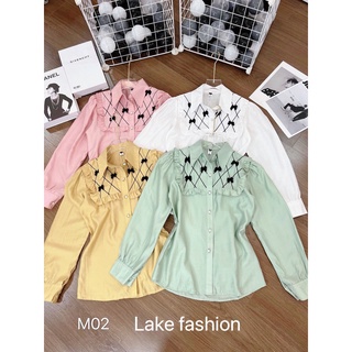 Áo sơ mi nữ, áo sơ mi kiểu bèo thêu ngực Lake fashion