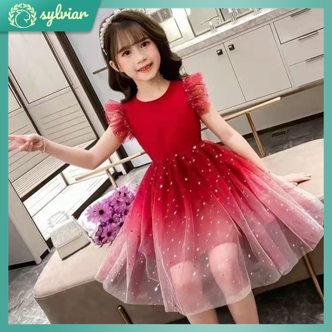 Đầm Công Chúa Tay Phồng Phối Lưới Màu Gradient In Họa Tiết Lấp Lánh Thời Trang Cho Bé Gái