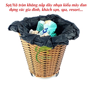 Xô tròn mây nhựa đan khung sắt sơn tĩnh điện không nắp, xô đựng quần áo, sọt đựng rác vật dụng