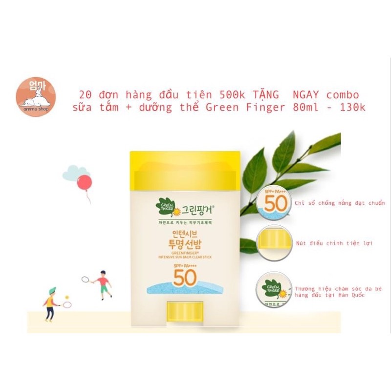 Thanh sáp chống nắng cho bé SPF 50+++ Green Finger; 20g xuất xứ Hàn Quốc dành cho trẻ từ 1 tuổi