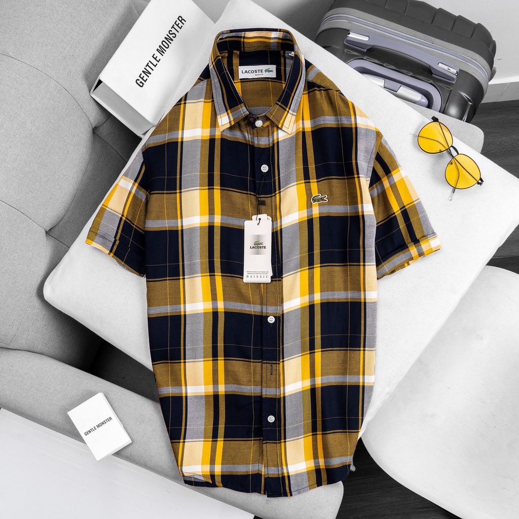 Áo sơ mi nam ngắn tay LC caro lớn vàng đẹp dễ mix đồ, vải oxford cao cấp, ít nhăn - Đẳng cấp phái mạnh