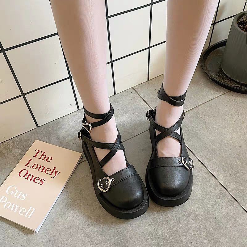 Giày búp bê Lolita dây cài tim đế cao dày đẹp 5cm