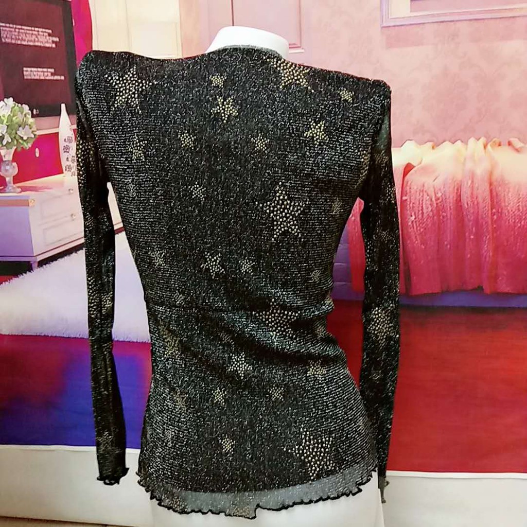 (AB2307) Áo lưới nữ họa tiết ngôi sao tay lưới cổ không viền phun kim sa | BigBuy360 - bigbuy360.vn