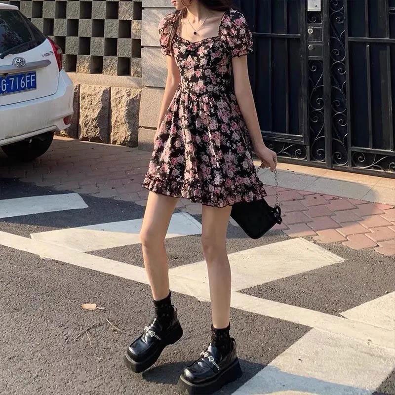 Đầm hoa XINLANYASHE phong cách Pháp ngọt ngào thời trang xinh xắn cho nữ váy thiết kế tay bồng