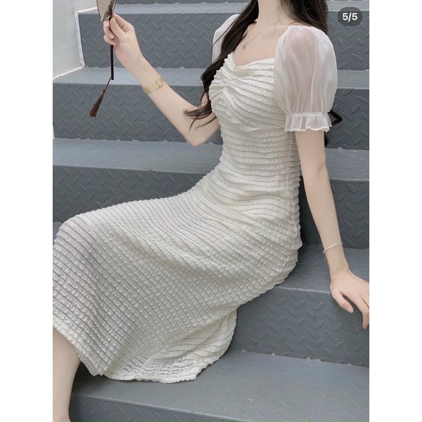 đầm dài xốp nude tay voan