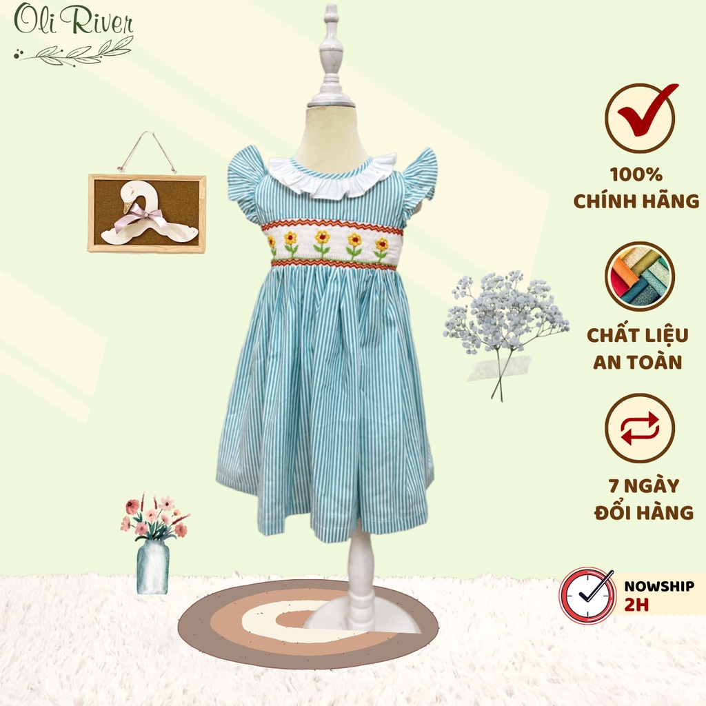 Đầm Smock OLIRIVER thêu hoa hướng dương cực xinh chất liệu thô cho bé yêu từ 1-7 tuổi - GT114