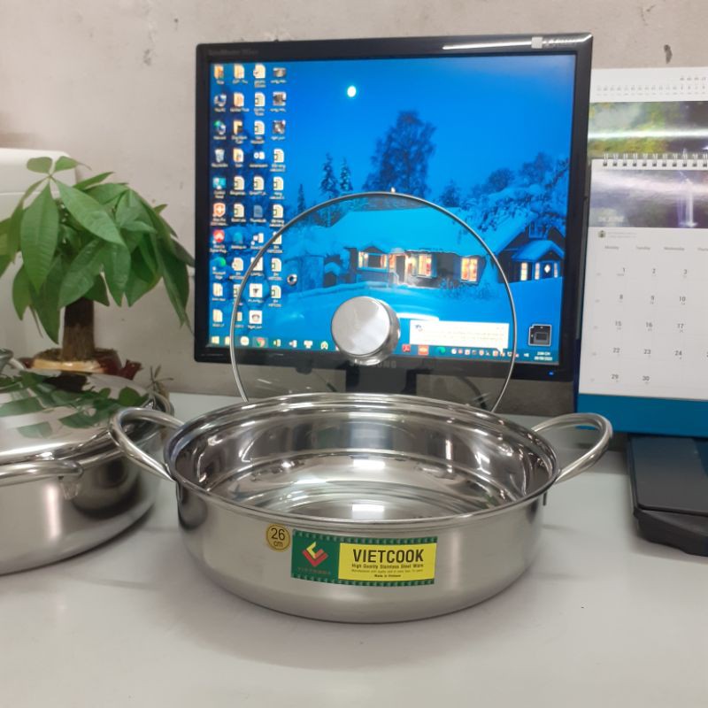 [Chính Hãng] Nồi lẩu inox nắp kính Vietcook đủ size 20, 22, 24, 26 cm , 28 cm , 30 cm sử dụng trên bếp từ- bát lẩu inox