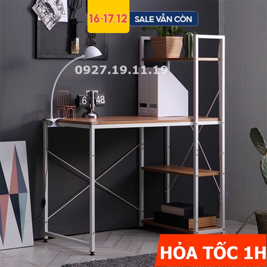 Bàn làm việc học tập kiểu hàn chữ H phối kệ sách đa năng, có 2 thanh giằng sắt ngang rất chắc chắn