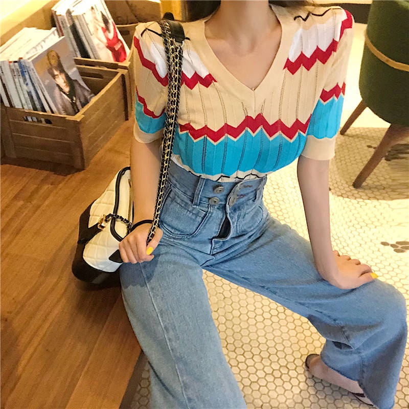 Áo Thun Lụa Lạnh Tay Ngắn Cổ Chữ V Khoét Lỗ Đính Đá Phong Cách Hong Kong Thời Trang Mùa Hè Cho Nữ