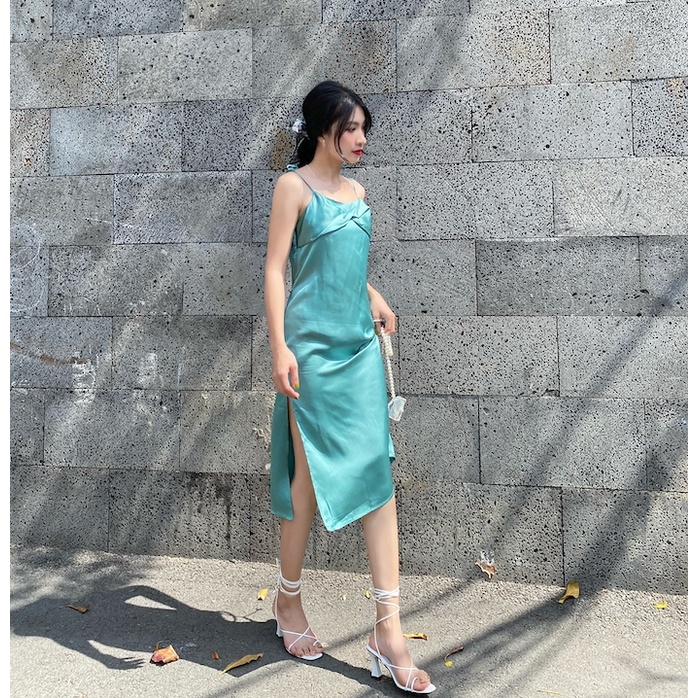 Đầm Lụa Mát Mịn 2 dây cột Xoắn nơ ngực màu Xanh Ngọc S M L XL