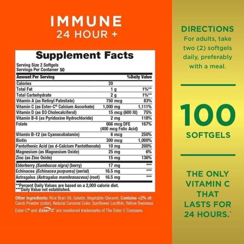 Viên Uống Hỗ Trợ Miễn Dịch Nature's Bounty Immune 24 Hour+ 120 Softgels Của Mỹ
