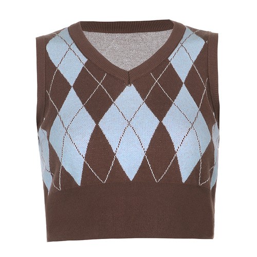 QKOOLE  Áo dệt kim không tay cổ chữ V màu sắc tương phản phong cách retro cho nữ