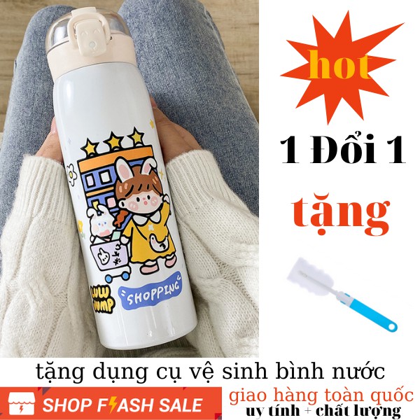 Bình giữ nhiệt INOX 304 dung tích 500ml họa tiết dễ thương có ống hút