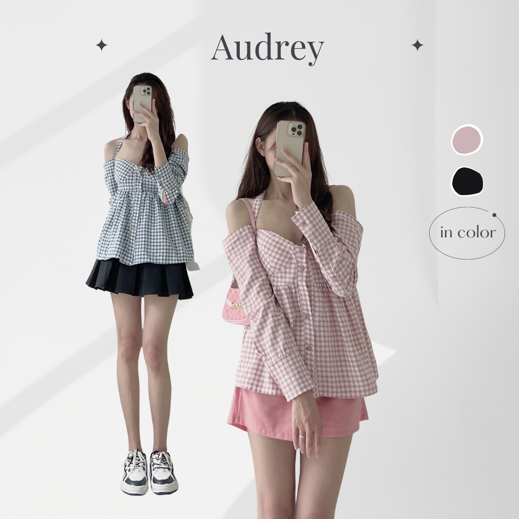A81045 Áo kẻ chun lưng trễ vai cổ yếm Audrey
