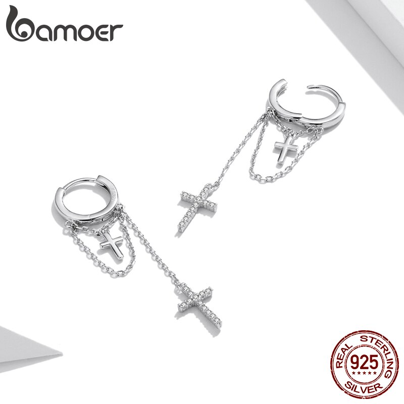 Khuyên Tai Bamoer SCE1002 Chốt Bạc 925 Dáng Dài Họa Tiết Thánh Giá Bắt Mắt Cho Phái Nữ