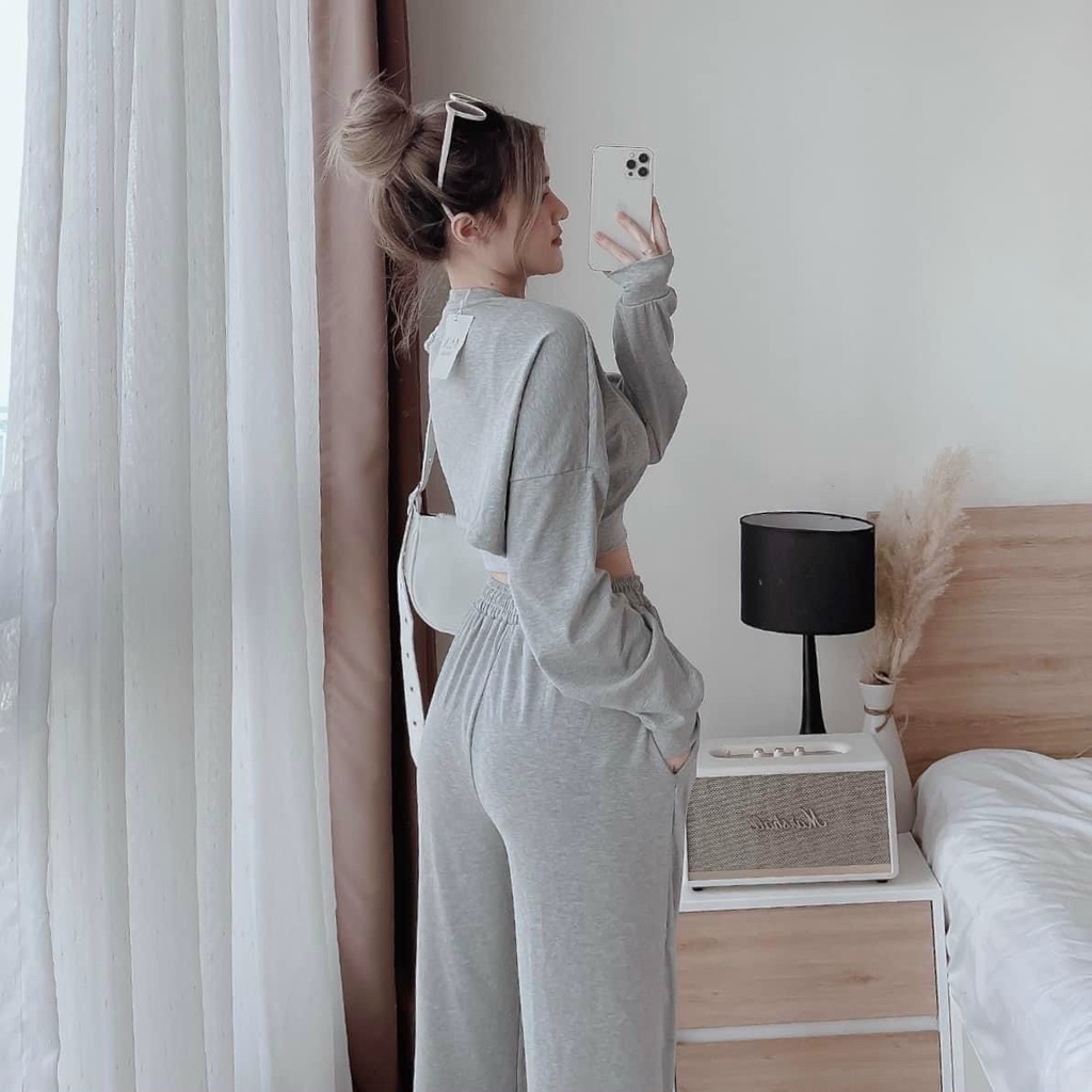Sét bộ dài thun dài nữ dễ thương xinh xắn áo bra mix áo croptop tay dài phối quần dài bo chun sành điệu