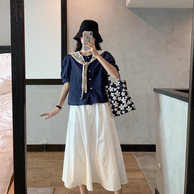 Set Áo Pha Ren Tay Bồng Kèm Chân Váy Xoè Siêu Xinh