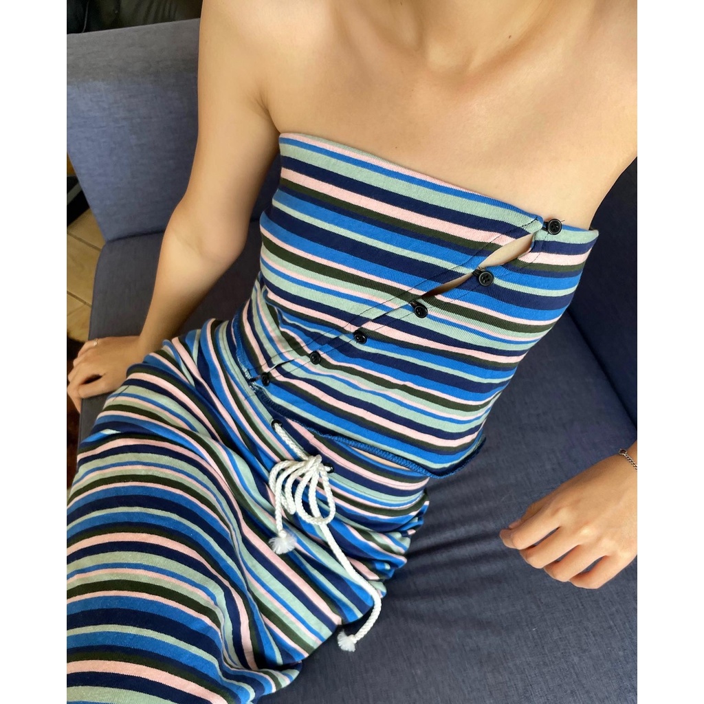 -70% Good Letter H - Set Áo Ống Nữ Nút Cài Chéo Và Chân Váy Maxi Xẻ Tà - Striped Set Tube Top & Skirt
