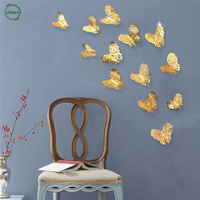 CF 12Pcs/lot 3D 4 Colors Hollow Butterfly Wall Stickers Living Room Bedroom Stickers Home Decor