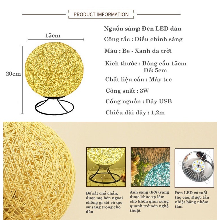 [ĐỒNG GIÁ 99K_ĐÈN NGỦ CẦU MÂY TRE] Chất liệu mây tre sang trọng, Đế kim loại  – Tùy chỉnh độ sáng