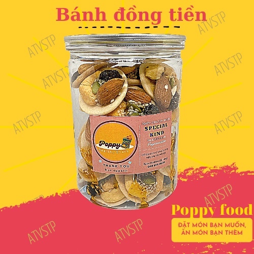 Bánh đồng tiền mix siêu ngon, đảm bảo vệ sinh an toàn thực phẩm, đồ ăn vặt Poppy hũ pet 265gr