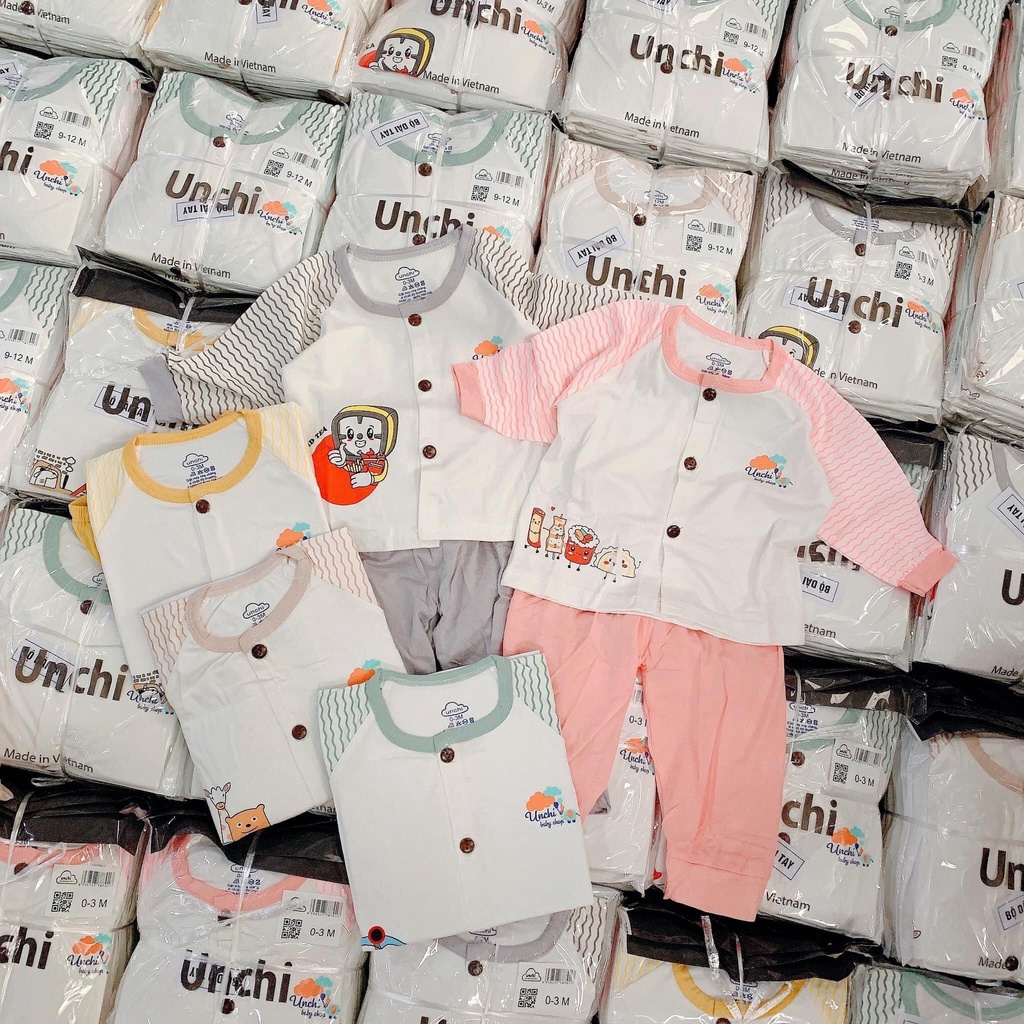 Đồ Bộ Dài Tay Cúc Giữa UNCHI PEPTIT Bé Trai, Bé Gái Tay Pha Kẻ, Bộ Dài Tay Thu Đông Cho Bé (QATE350)