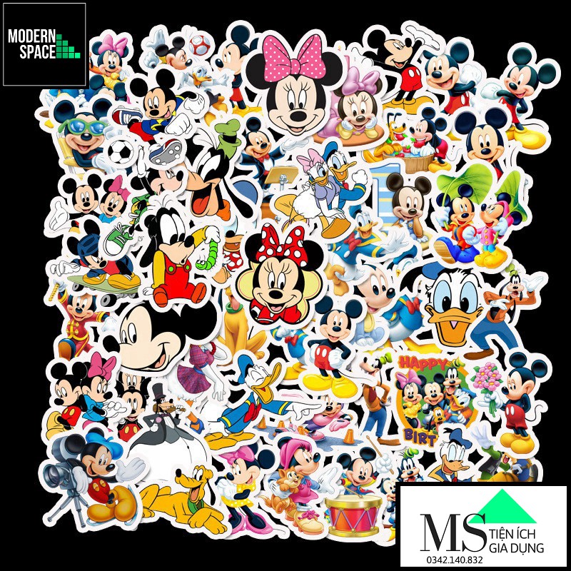 Sticker PVC Hoạt Hình Chuột Mickey ST-077- Cả bộ 50 hình dán Chống nước