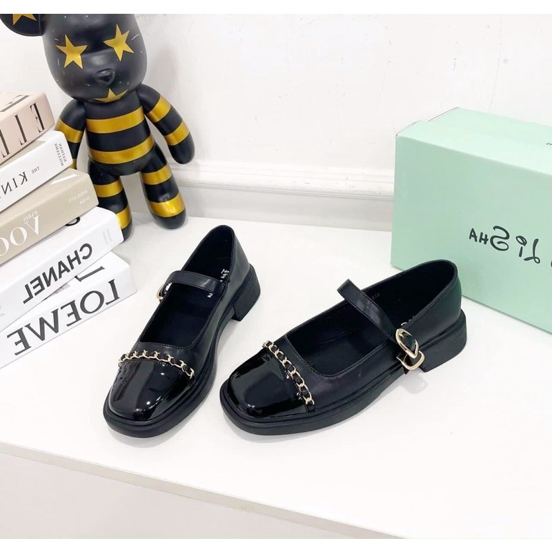 GIÀY LƯỜI BÚP BÊ ULZZANG GIẦY MỌI ULZANG KHUY VÀNG ĐẾ BẰNG DA ĐẾ BỆT 3 PHÂN SIÊU XINH MŨI VUÔNG CHUỖI XÍCH KIM LOẠI 3CM