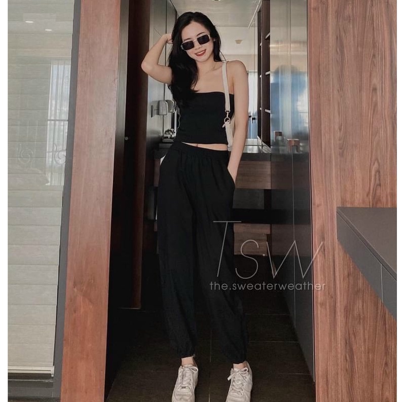 Quần jogger nữ thể thao ống rộng bo gấu dây rút vải đũi mềm mát kiểu - Quần đũi dài cạp thun chun mặc hè đi biển học gym