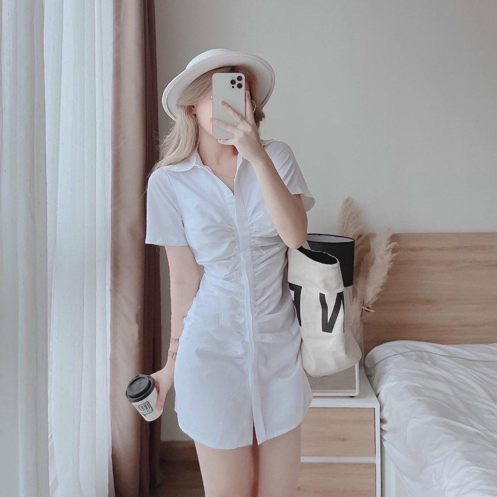 [Mẩu Mới] Đầm Đũi Cổ Sơ Mi Cài Nút Chất Đũi