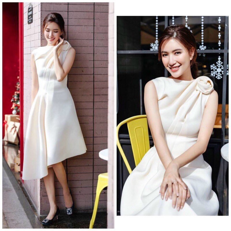 ĐẦM XOÈ XÉO VAI TÙNG XÉO ĐÍNH HOA HỒNG