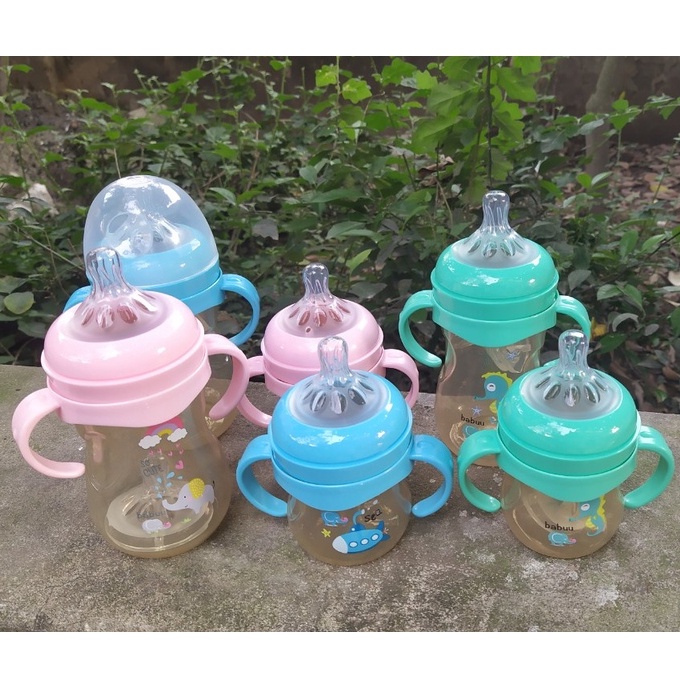 (Tặng thêm 1 núm ti) Bình sữa PPSU cổ rộng quai cầm Babuu Baby 120ml/240ml