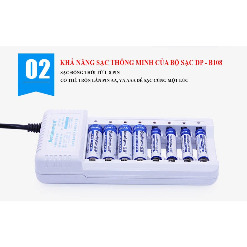 Sạc pin AA, AAA 8 cổng Double Pow DP - B108 + Kèm 8 viên pin sạc lại (AA 1200mah AAA 1200mah ) cùng hãng tùy chọn