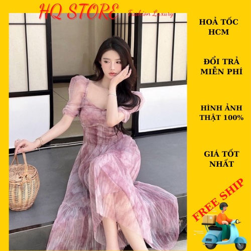 Đầm Maxi Dập Ly Voan Loang, Váy Tay Ngắn Cổ Tim Có Lót Kèm Mút - Maxi HQ store