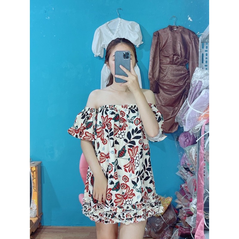 Đầm suông hoa béo trệt vai ( hình thật) | BigBuy360 - bigbuy360.vn