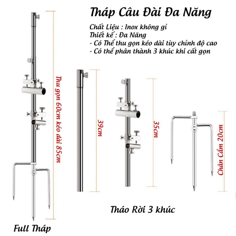 Tháp câu đài đa năng có pat chống cần, pat rọng cá, pat khay mồi