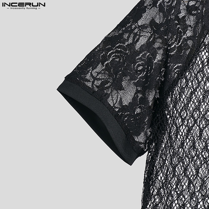 INCERUN Áo Lưới Xuyên Thấu Ngắn Tay Cổ V Gợi Cảm Cho Nam