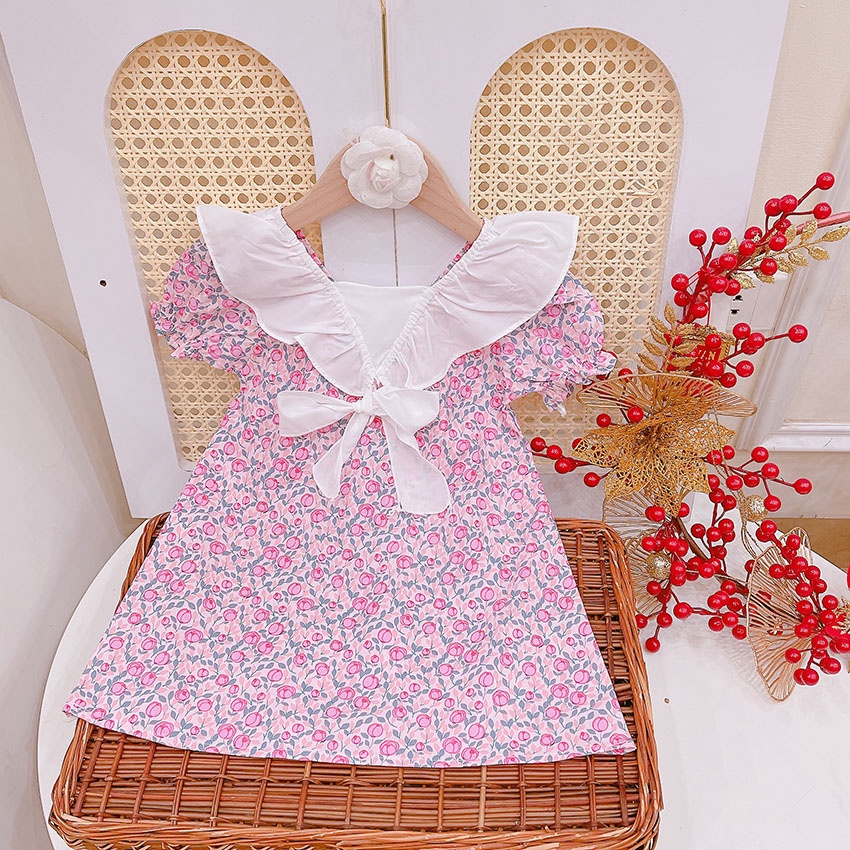 VÁY CHO BÉ GÁI HỌA TIẾT HOA XINH XỈU PHỐI BÈO XINH VÁY MỀM NHŨN, MAY TỈ MỈ SIZE 9-21KG [V33]
