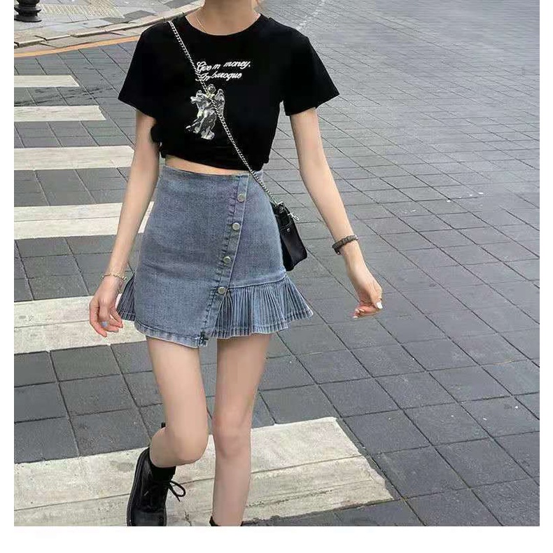 Chân váy jean lưng cao phong cách Hàn Quốc cho nữ