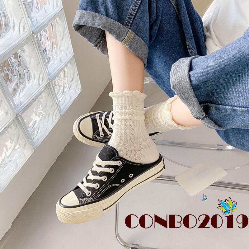 Đôi vớ cotton phối ren nhiều màu sắc trơn tùy chọn thời trang thu đông dành cho nữ