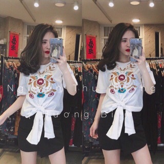 Áo sơ mi thêu cột nơ VNXK