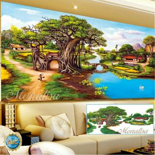 Tranh đính đá phong cảnh làng quê 150x70cm