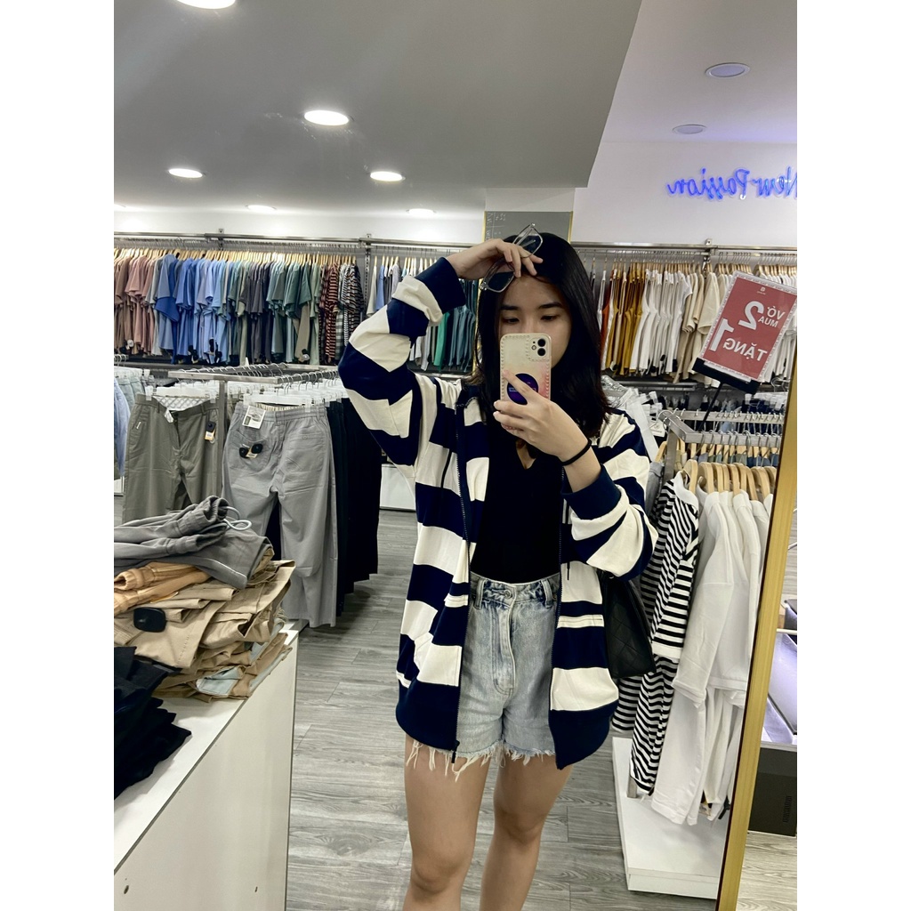 Áo khoác hoodie chống nắng phối sọc xanh than dệt sợi trực tiếp dây kéo sành điệu phong cách trẻ trung