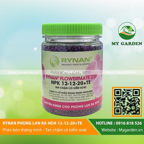 Phân tan chậm Rynan FM220 NPK 12-12-20+TE, cung cấp dinh dưỡng, dạng bột, lọ 100gr, cho lan ra hoa - Hàng chính hãng