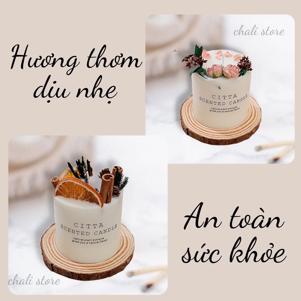 Nến thơm phòng hoa khô tự nhiên sáp đậu nành an toàn không khói tăng kèm đế gỗ