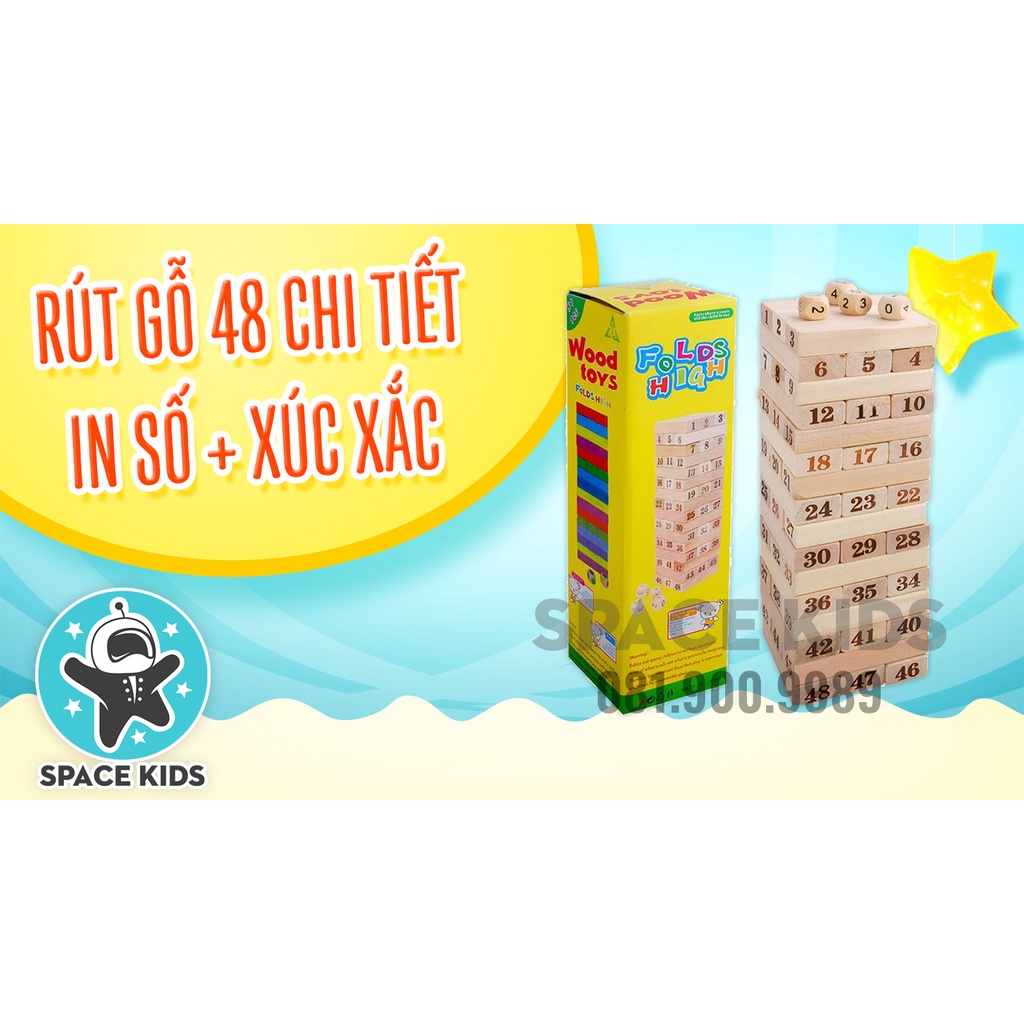 Đồ chơi cho bé Rút gỗ 48 chi tiết in số kèm xúc xắc Space Kids