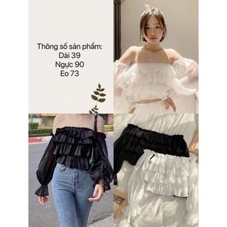 Áo trễ vai xếp tầng chất tơ organza 2lớp màu đen trắng